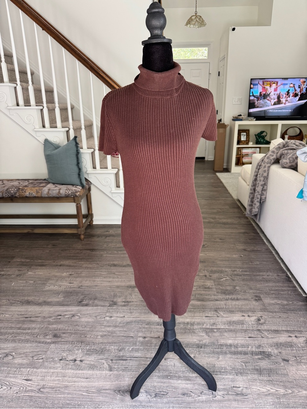 Moda International Ribbed Turtleneck Mini Dress - Rust Brown